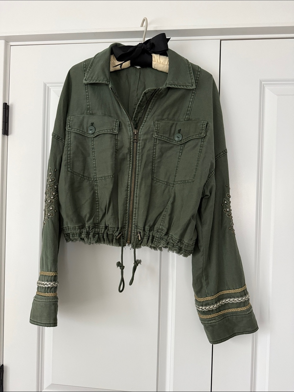 Free People Extreme Cropped Olive Green Embellished Military Jacket Sz S